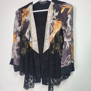 Vintage Violet Kay Kimono Jacket Small Black Lace Silk Art To Wear Asian Style